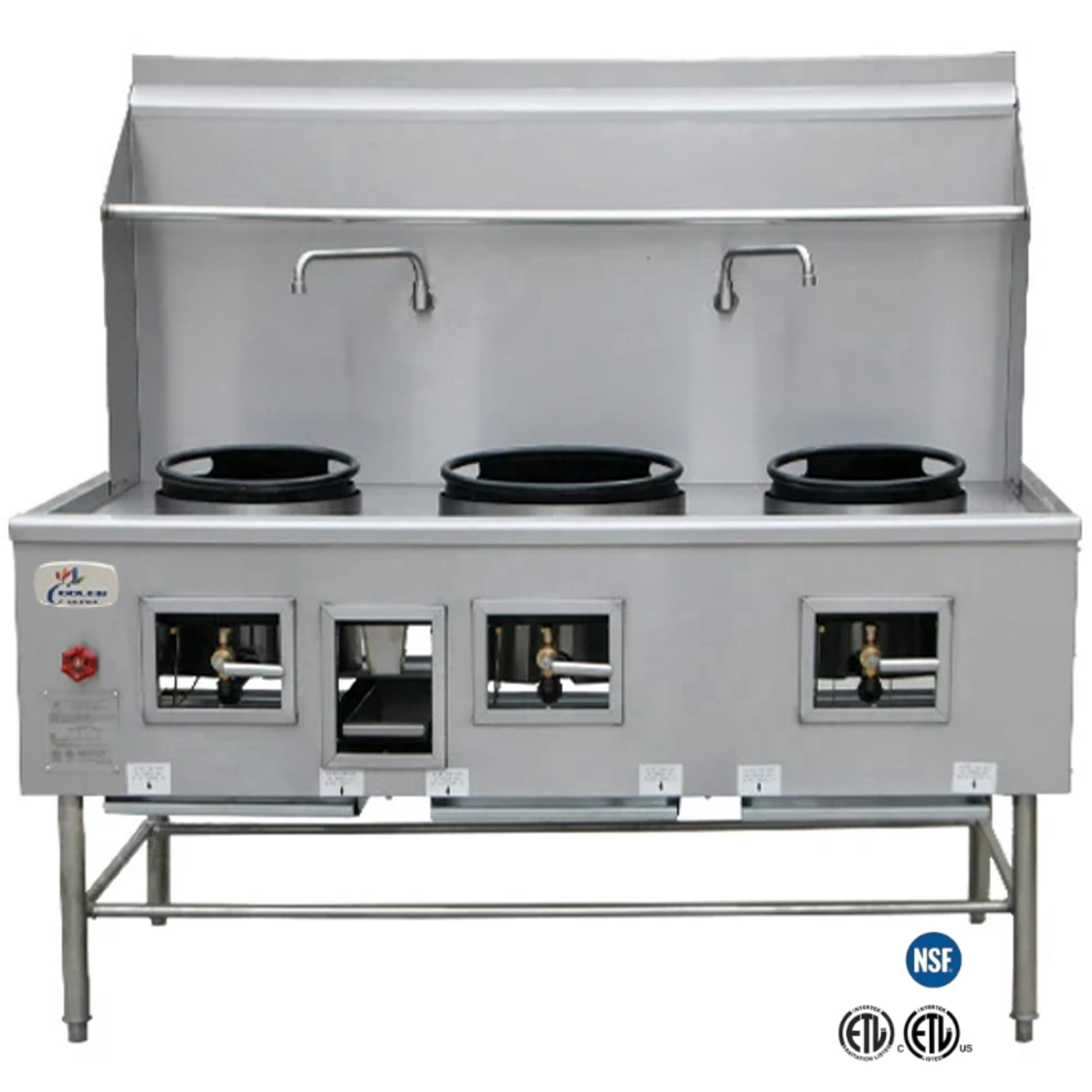 NSF 68" Commercial Wok Range, 3-Hole 13" + 16" + 13" Wok Burner Station, 315,000 BTU Natural Gas, Waterfall Cooling, CSA Certified