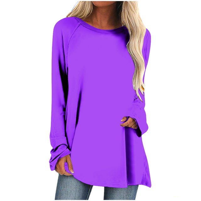 Timegard Tops for Women Long Sleeve Crewneck Solid Color Comfy Basic Tshirts Fall Casual Loose Tops