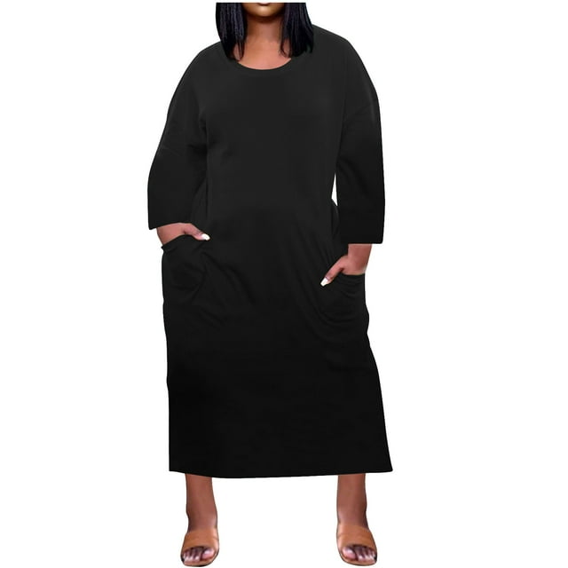 QIPOPIQ Robes pour Femmes avec Poches Manches Longues Robe Grande Taille pour l'Été Robe à Col Rond Robes Décontractées Robes d'Été Genou Manches Longues Offres 2023