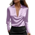thumbnail image 2 of Women's Dressy Satin Shirts Lapel Deep V-neck Business Casual Outfits Office Blouses Solid Long Sleeve Work Tops (M, Purple), 2 of 7