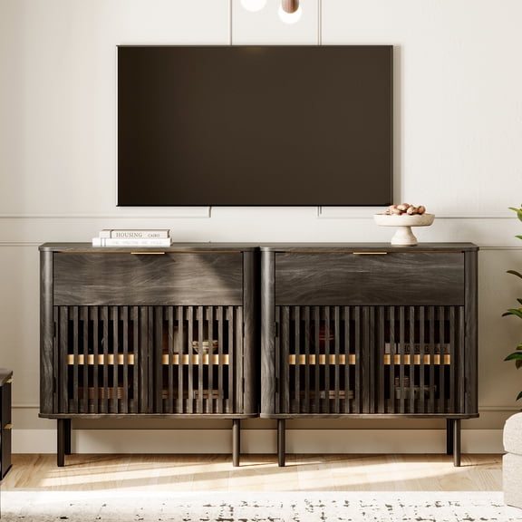 63" Wood TV Stand for TVs up to 75", Entertainment Center with Storage Shelves, Black