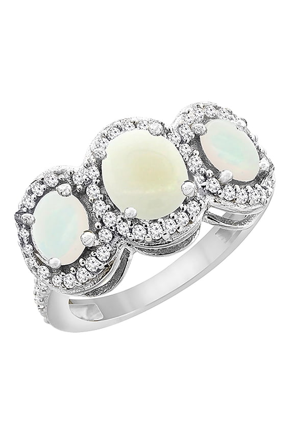 10K White Gold Natural Opal 3-Stone Ring Oval Diamond Accent, size 8