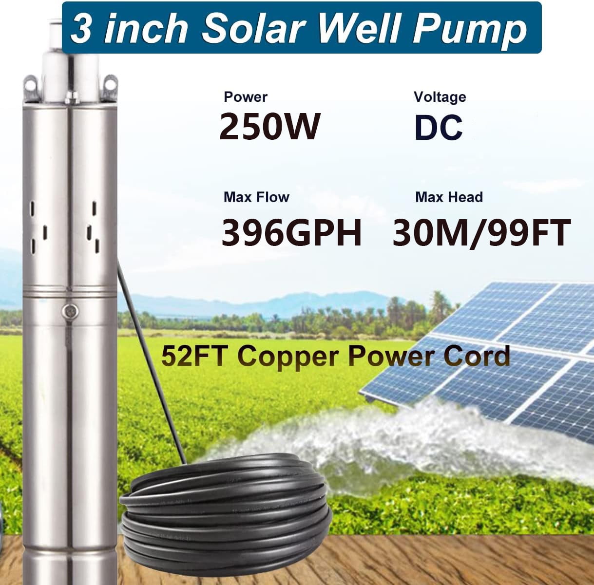 iMeshbean DC 12V 3'' Solar Deep Well Pump Water Pump 396GPH Stainless Steel Submersible