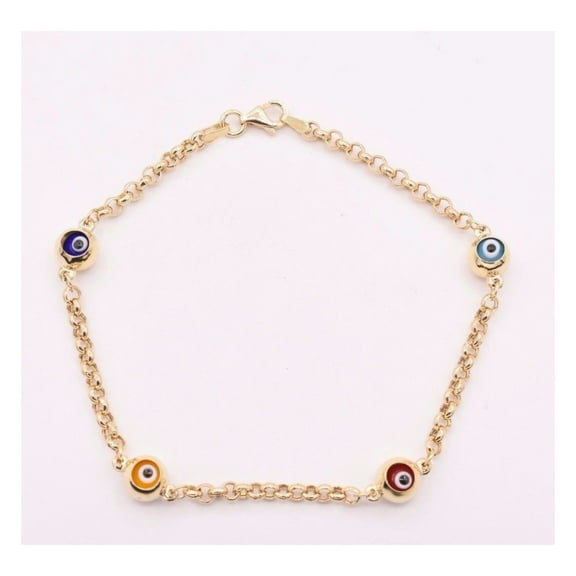 Colorful Evil Eye Station Rolo Chain Women's Adult Bracelet 14K Yellow Gold, 3.30 Gr – Goldum NYC