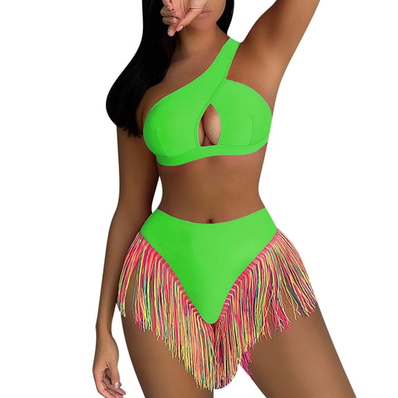ZQUUVOU Women's Fringe Bikini Set Two Piece One Shoulder Swimsuit Cut Out Tassel Fashion Beach Cheeky Bikini Beads Green