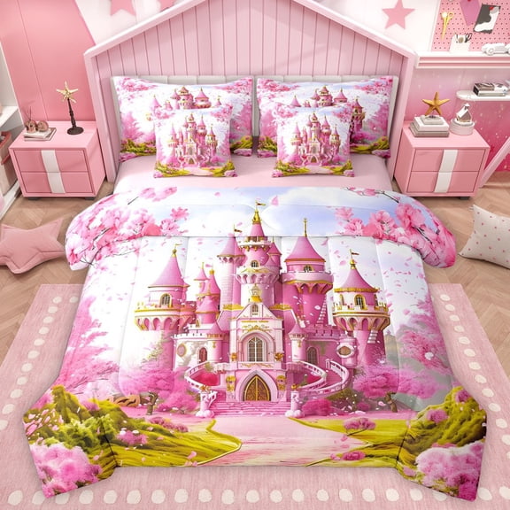 Homewish Pink Castle Twin Bedding Sets 7-Piece for Teens Adults Female,Dreamy Princess Bedding Comforter Set Microfiber,Spring Garden Flowers Breathable Sheet Sets,Super Cozy Room Decor,Reversible