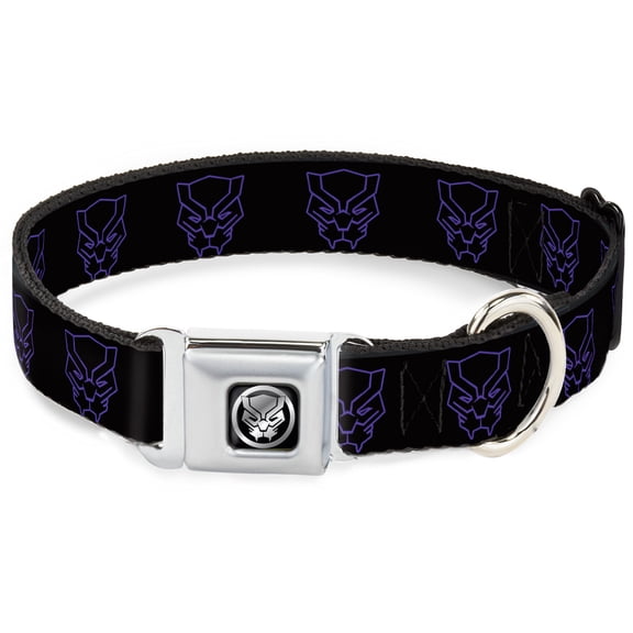 Marvel Comics Pet Collar, Dog Collar Metal Seatbelt Buckle, Black Panther Avengers Icon Outline Black Purple, 9.5 to 13 Inches 1.0 Inch Wide