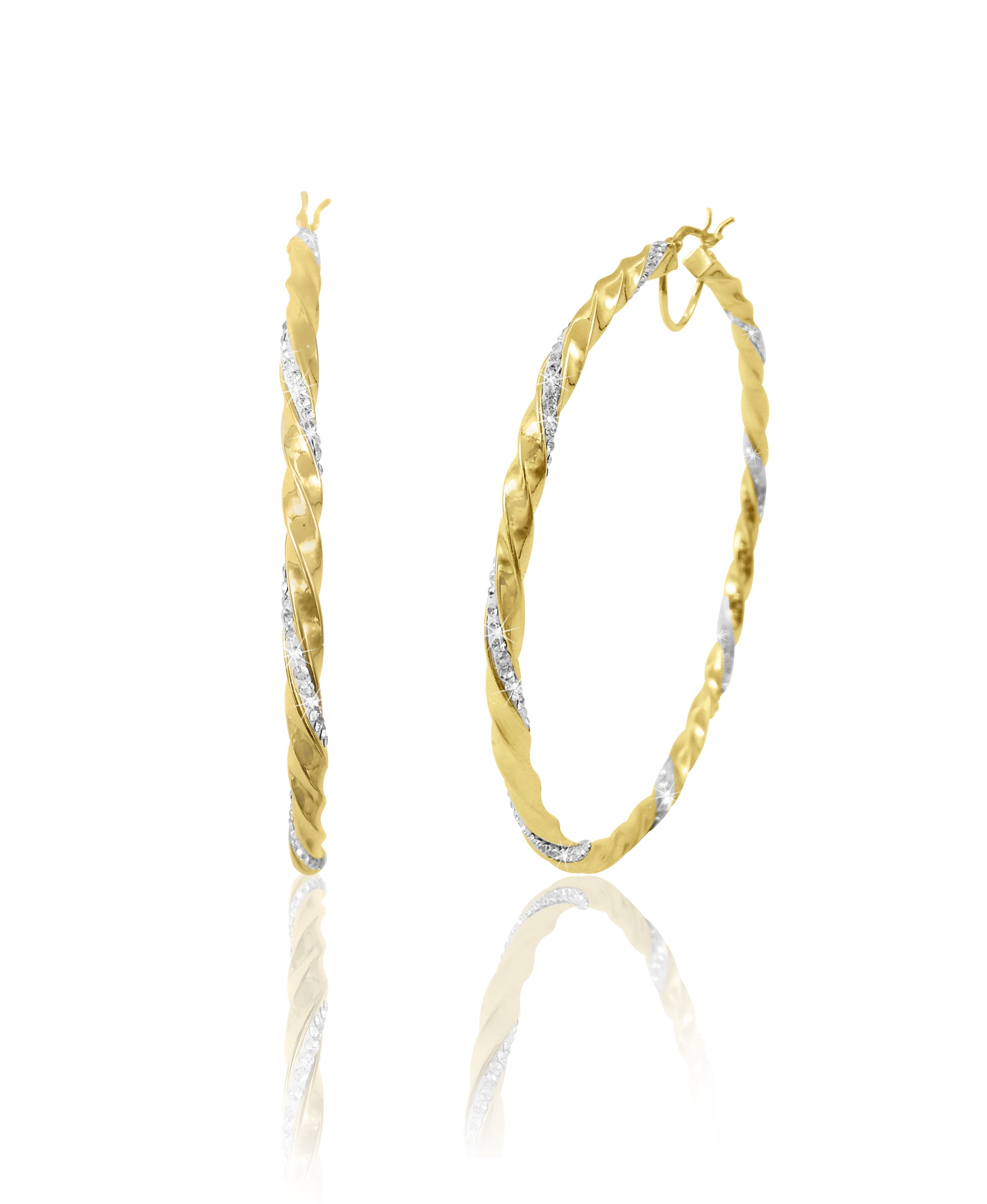 Brilliance Fine Jewelry 14K Gold Plated Sterling Silver Twisted Crystal Round Large Hoop Adults Women's Earring
