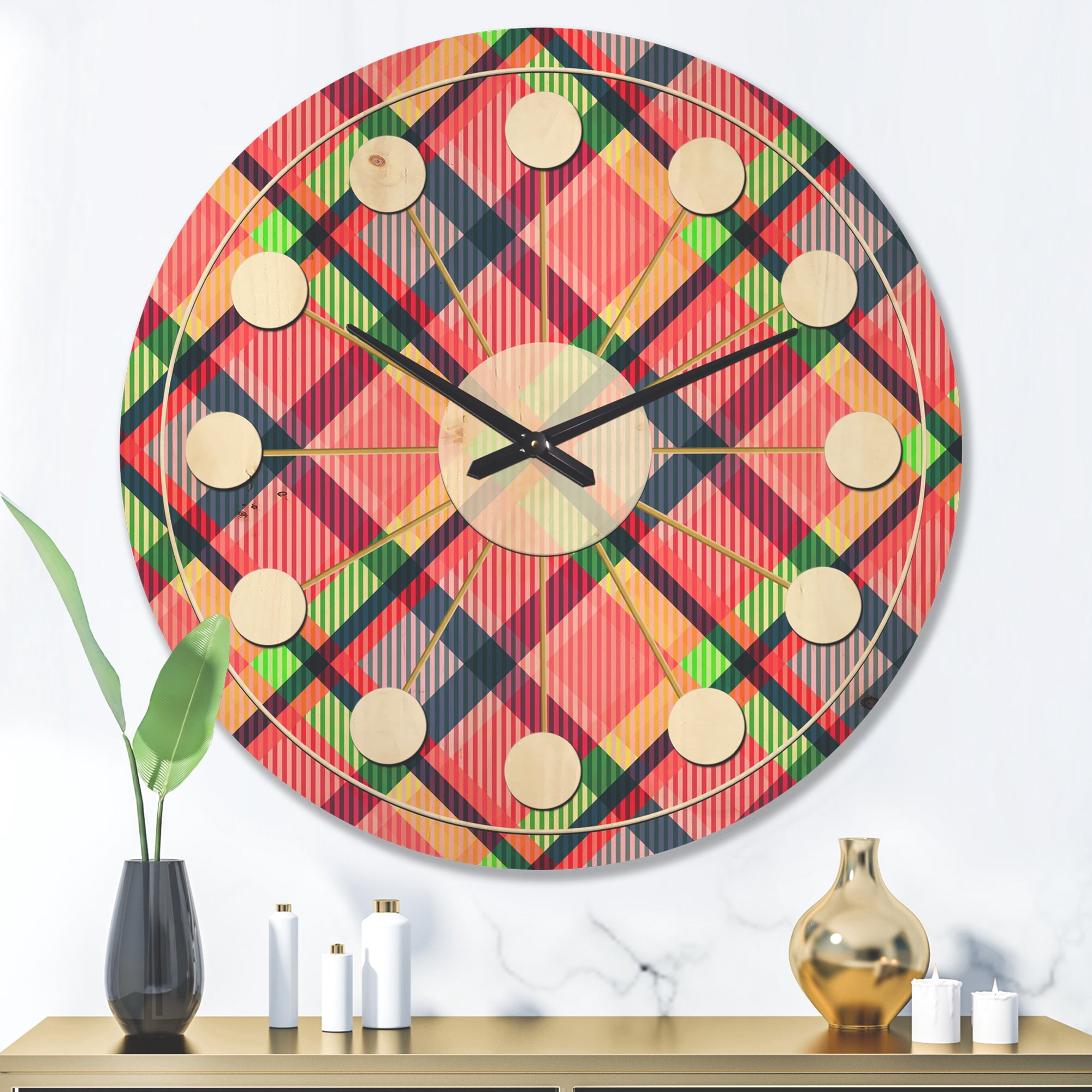 Designart 'Tartan Texture Geometrical Retro I ' Mid-Century Modern Wood Wall Clock