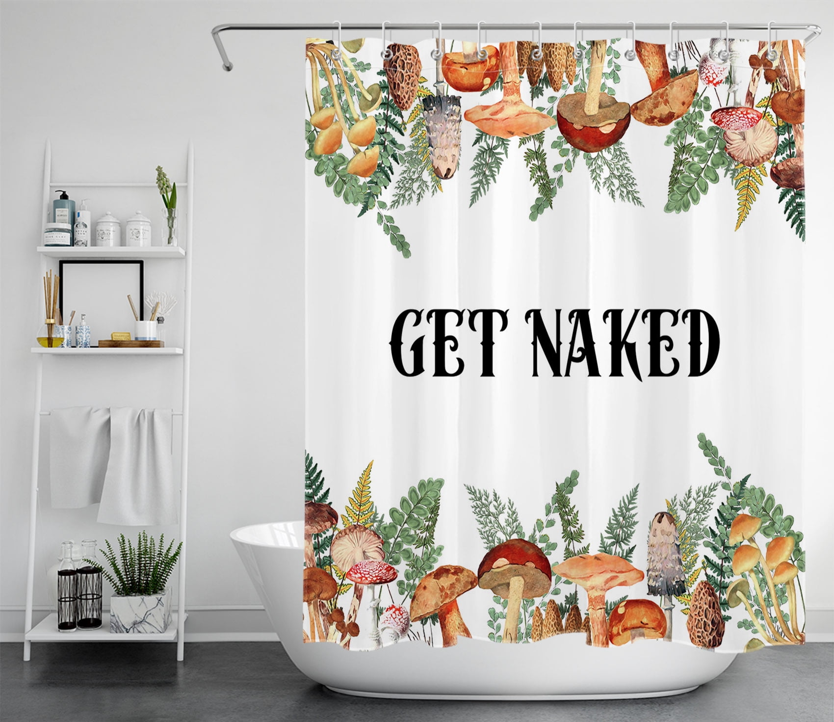 HVEST Get Naked Mushroom Shower Curtain, Colorful Plant Watercolor Mushroom Green Leaves and Funny Words Shower Curtain Bathroom Polyester Fabric Decor Curtain with Hooks,60X72 inch