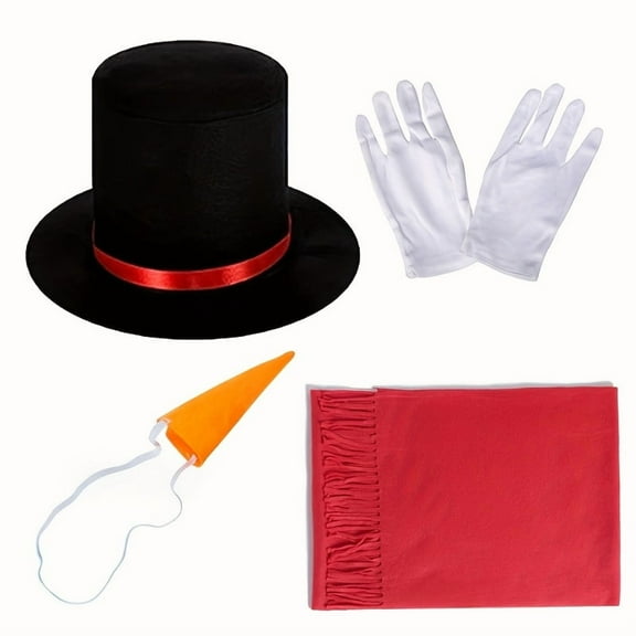 ' Christmas Snowman Costume Set with Red Scarf, Black Felt Hat, White Gloves & Nose - Complete Outfit for &, Dress Up Party Clothes, Hand Washable Winter Role Play