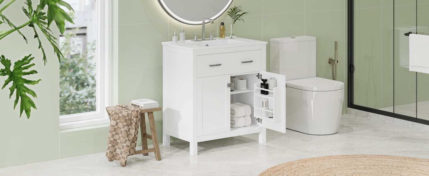 Euroco 30" Bathroom Vanity with Ceramic Sink – Solid Wood Frame, Flip-Out Drawer, U-Shaped Adjustable Shelf, and Soft-Close Doors