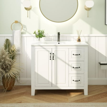 PULUOMIS 36" Bathroom Vanity with Sink Combo, Single Sink Bathroom Vanity with 3 Drawers and 2 Soft Close Doors, Freestanding Bathroom Vanity with Ceramic Sink, White