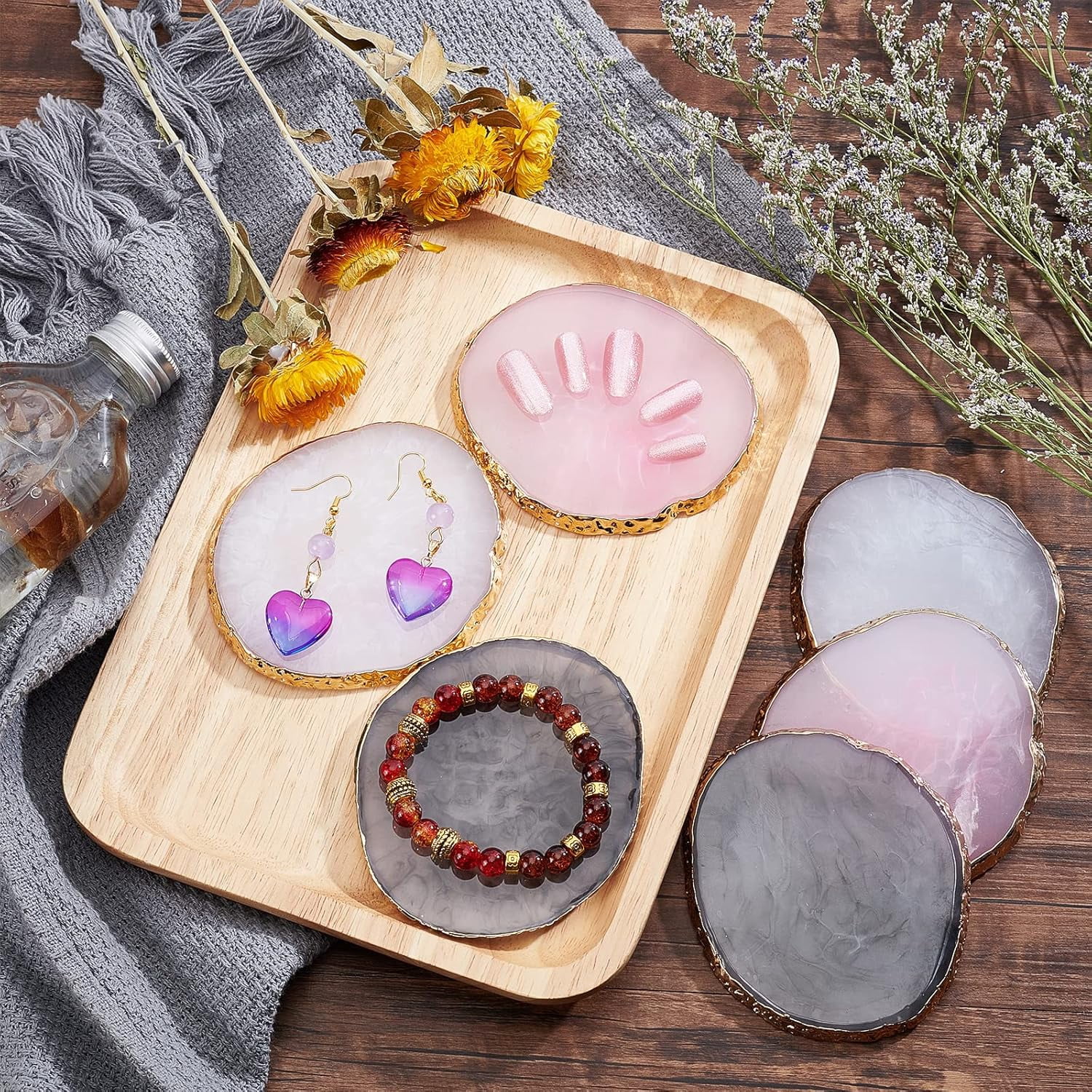 6pcs Nail Art Palette Nail Art Polish Mixing Palette 3 Color Gel Display Board Golden Edge Resin Manicure Display Gel Color Drawing Display for Nail Salon Home Use