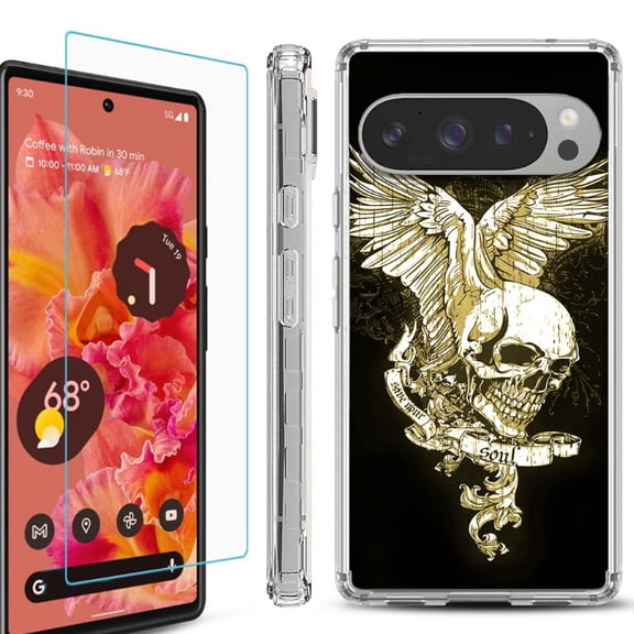 For Google Pixel 9 / 9 Pro Phone Case Cover, Shockproof Bumper Case with Tempered Glass Screen Protector, by OneToughShield - Wing Skull