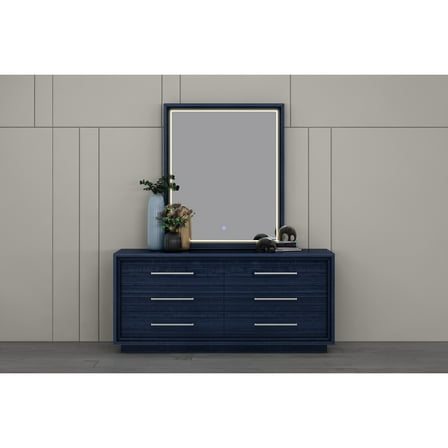 Modern Dresser 6 Drawer, Sapphire Blue High Gloss Chest of Drawers, Stainless Steel Handles