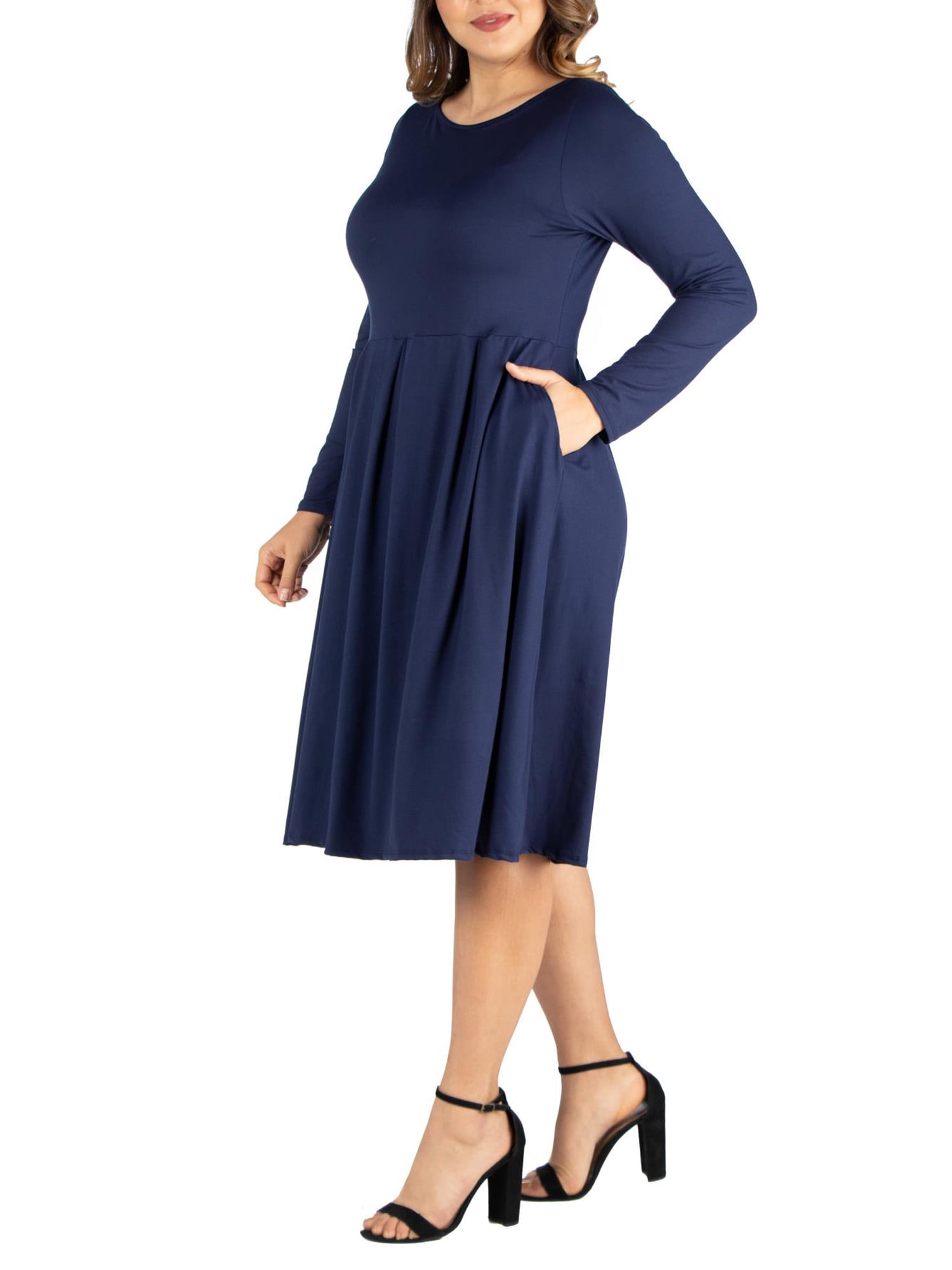 24seven Comfort Apparel Plus Size Long Sleeve Fit and Flare Midi Dress