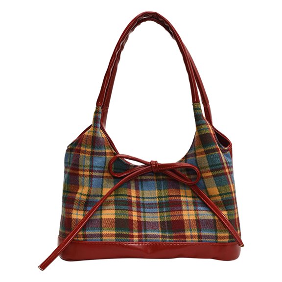 HUISZJ Plaid Tote Bag, Large Capacity Shoulder Bag with Bow, Portable Underarm Bag for Work Shopping Travel, Red S