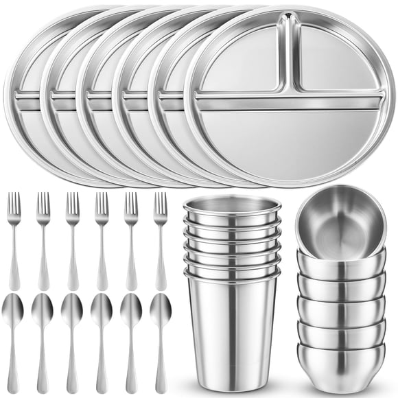 Juego de platos, cuencos y tazas de acero inoxidable Jinei, 30 unidades