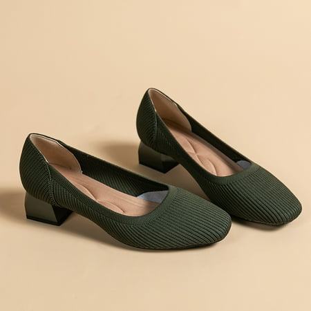 

Women‘s Knitted Soft-sole Chunky Heels Breathable Square Toe Solid Color Mid Heels Slip-on Non-slip Shoes