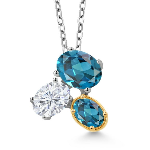 925 Silver and 10K Yellow Gold London Blue Topaz and White Moissanite Pendant Necklace for Women (3.00 Cttw, Oval 8X6MM, 7X5MM and 6X4MM, Gemstone November Birthstone, with 18 inch Chain)