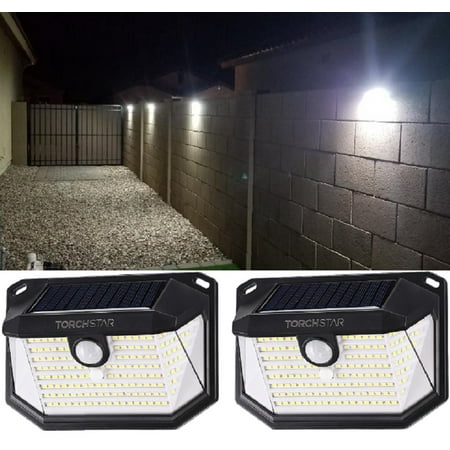 TorchStar 2 Pack 178 LEDs Solar Lights with Motion Sensor IP65 Waterproof 6500K Pure White 3 Lighting Modes & 3 Brightness Levels Adjustable Black