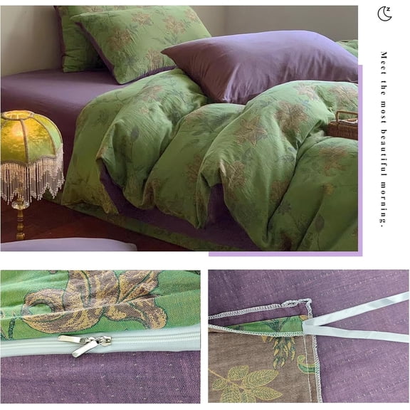Green Flower Duvet Cover Set Twin, 3Pcs Yarn-Dyed Linen Cotton Jacquard Duvet Cover with 2 Pillowcases Garden Style Green Bedding Set for Girls Women Without Comforter