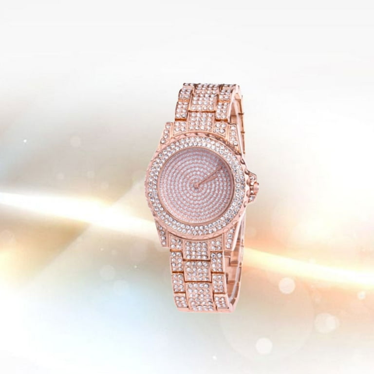 NUOLUX 1PC Steel Band Watches Stylish Quartz Wristwatch Rhinestone Diamante Watch Delicate Quartz Wrist Watch for Women Lady Wearing Rose Gold