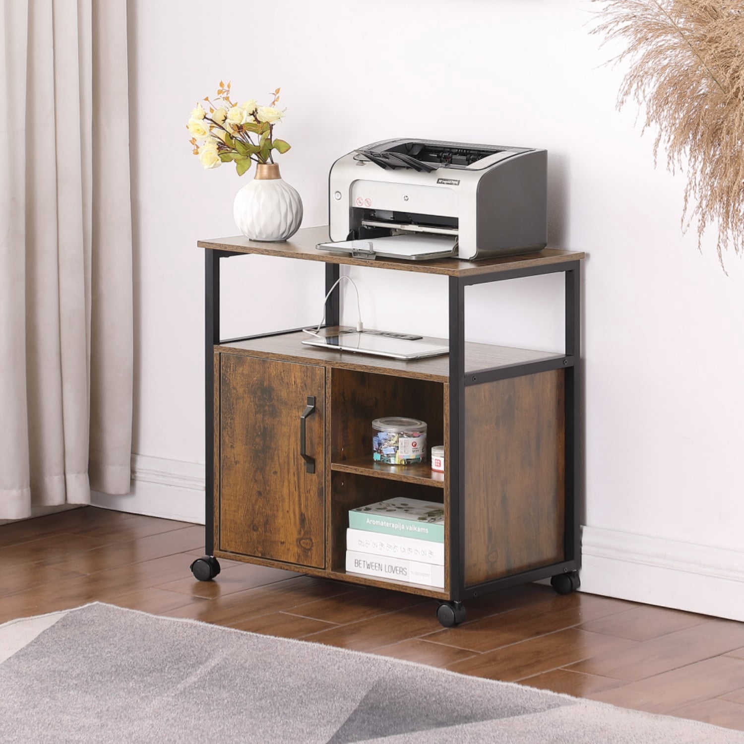 File Cabinet,Office Filing Cabinets with Socket and USB Charging Port,Printer Stand with Storage for A4, Letter Size,Metal Side Frame ,Easy Installationfor Home Office, Rustic Brown+Black