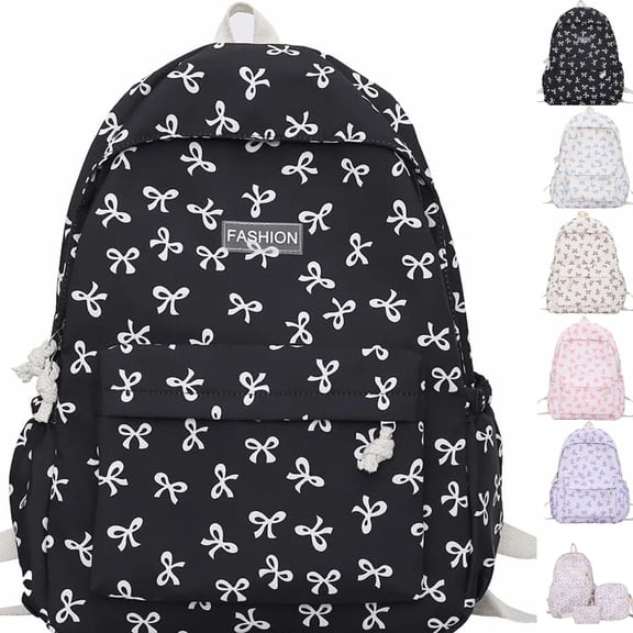 Classic Cute Bow Tie Printed Backpack 16.9 Inch Kawaii Casual Simple Lightweight Travel Bag For Women Blue,Black
