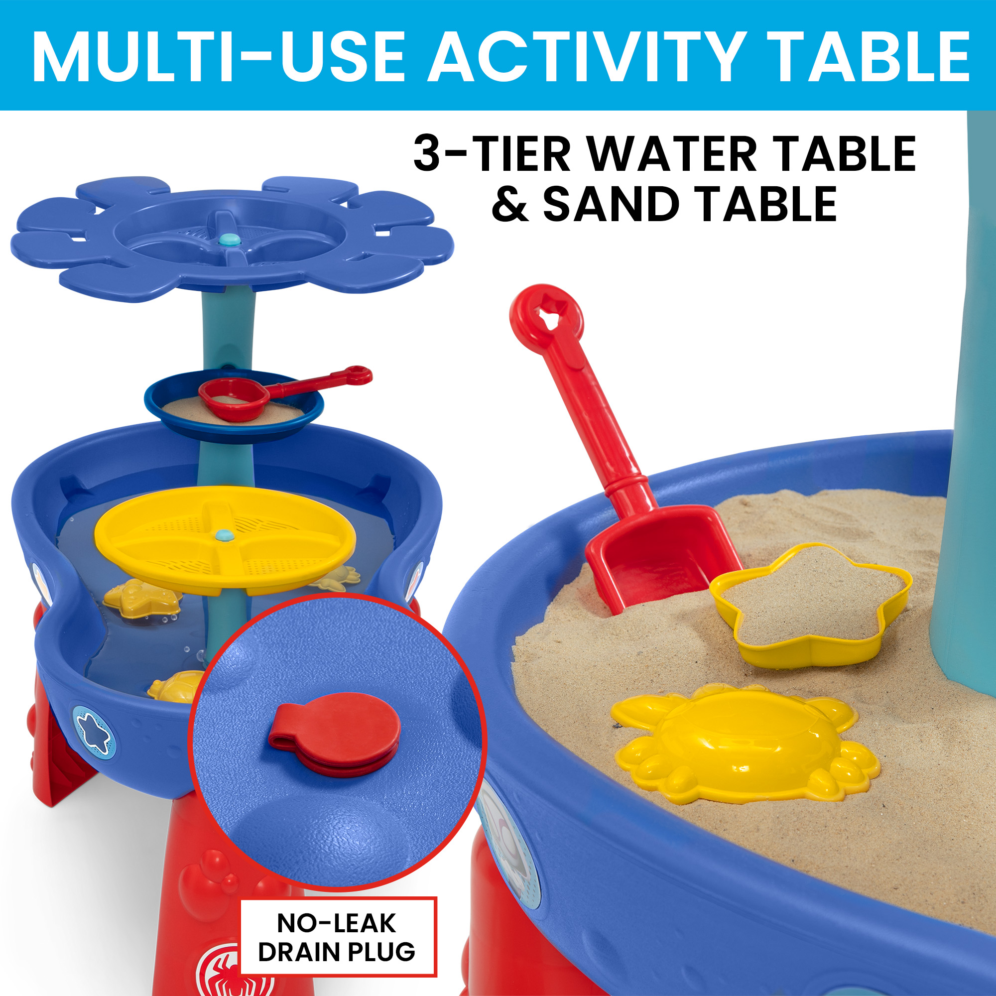 Spidey and His Amazing Friends Water Table by Delta Children - 3-Tier Water Play Table with 9-Piece Toy Set - Water Sensory Table + Summer Beach Toys for Outside Backyard for Toddlers Ages 2+, Blue