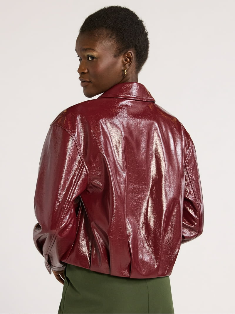 Scoop Women's Crinkle Faux Patent Leather Cropped Bomber