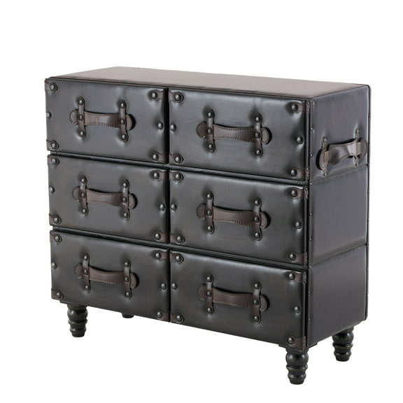 DecMode 32" x 28" Black Wood Vintage Faux Leather Chest with Rivets and Straps Detailing, 1-Piece
