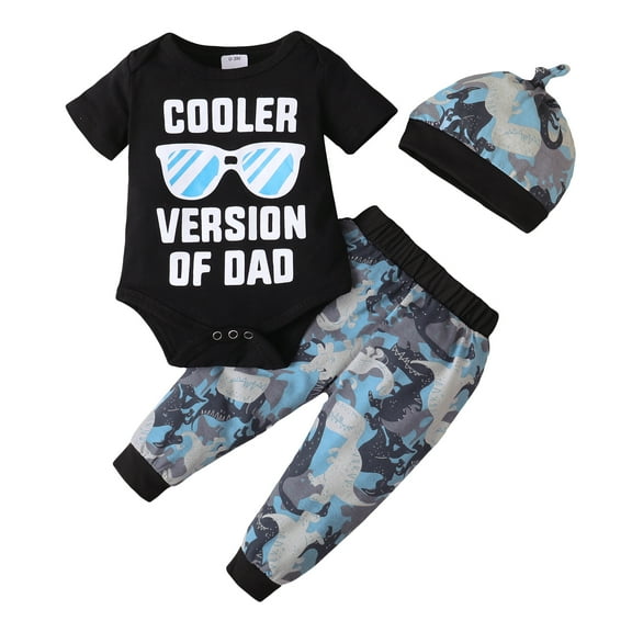 Kucnuzki Newborn Baby Boys Spring Clothes Sets Baby Boys Clothes Sets Short Sleeves Romper Letter Pullover Top Dinosaur Pants Sets with Hat 3pcs Black NB