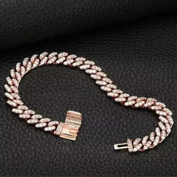 JALASH ONLINE 12.50Ct Round Cut Lab Created Diamond Men's Cuban Bracelet 14K Rose Gold plated