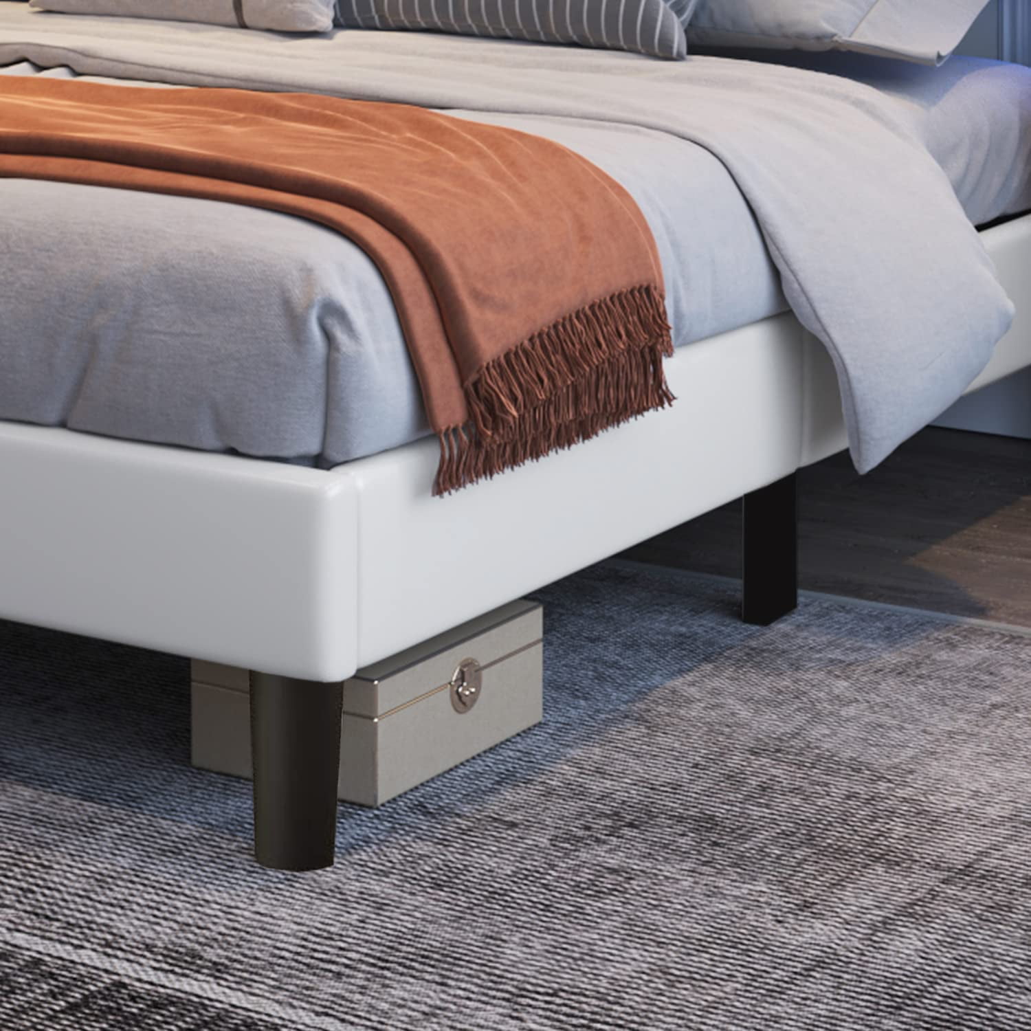 Catrimown Full Size Led Bed Frame, Upholstered Modern Bed Frame with with Faux Leather Headboard, No Box Spring Needed, White