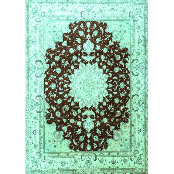 Ahgly Company Machine Washable Indoor Rectangle Medallion Turquoise Blue Traditional Area Rugs, 5' x 7'