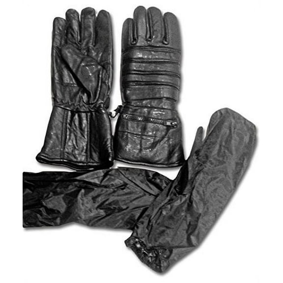 Warmest Motorcycle Black Leather Riding Gauntlets UNISEX Men & Women Gloves - Includes Rain & Ice Cover Sleeve Accessory - Extra Long Glove All Year Round -  Warm, Waterproof, Windpro