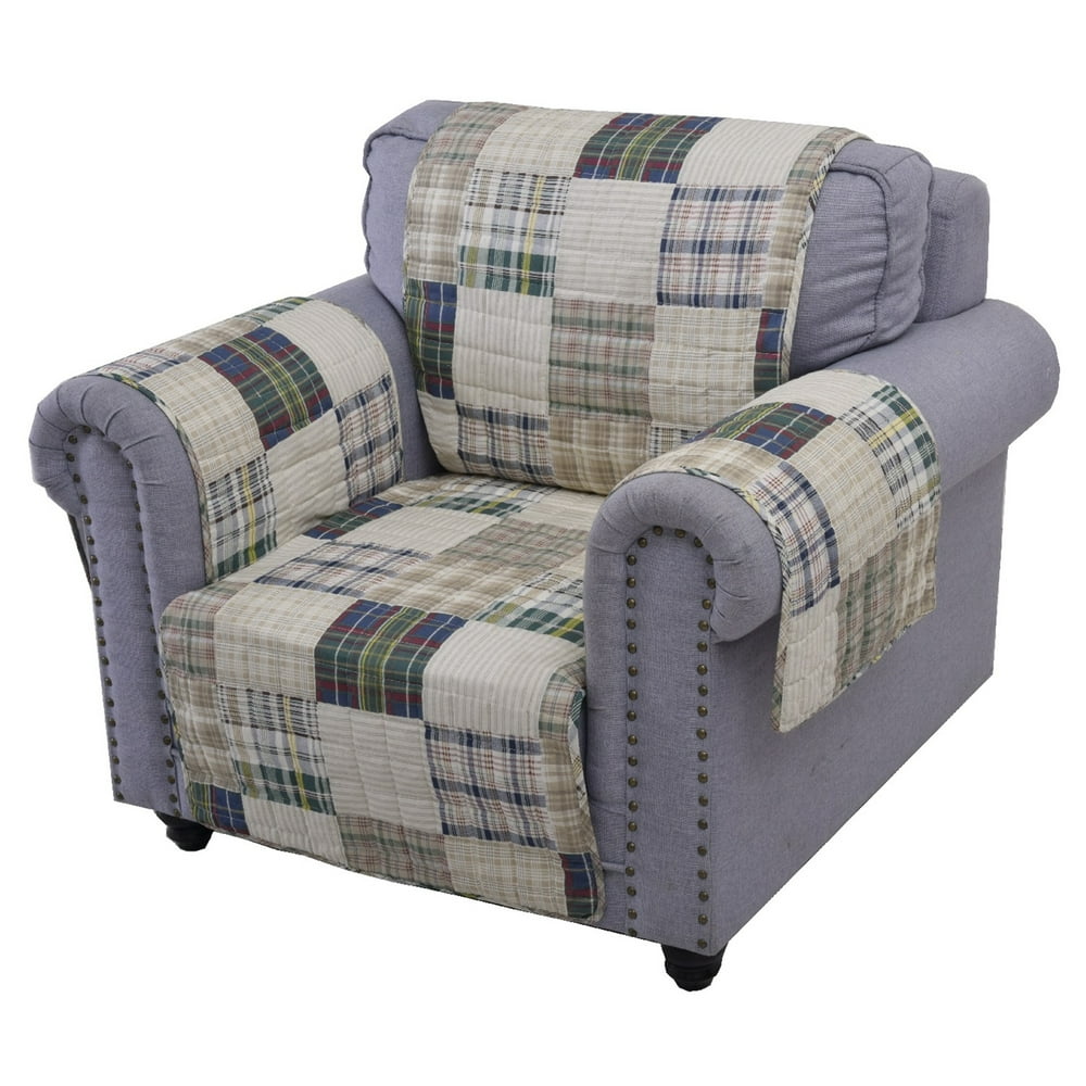 Waterproof Lining Arm Chair Protector with Plaid Square Design, Multicolor