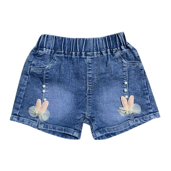 ZACPNCV Girls Denim Shorts Summer Cute Lace Ruffle Heart Embroidered Jean Shorts Elastic Waist Causal Denim Short Pants 5-6 Years