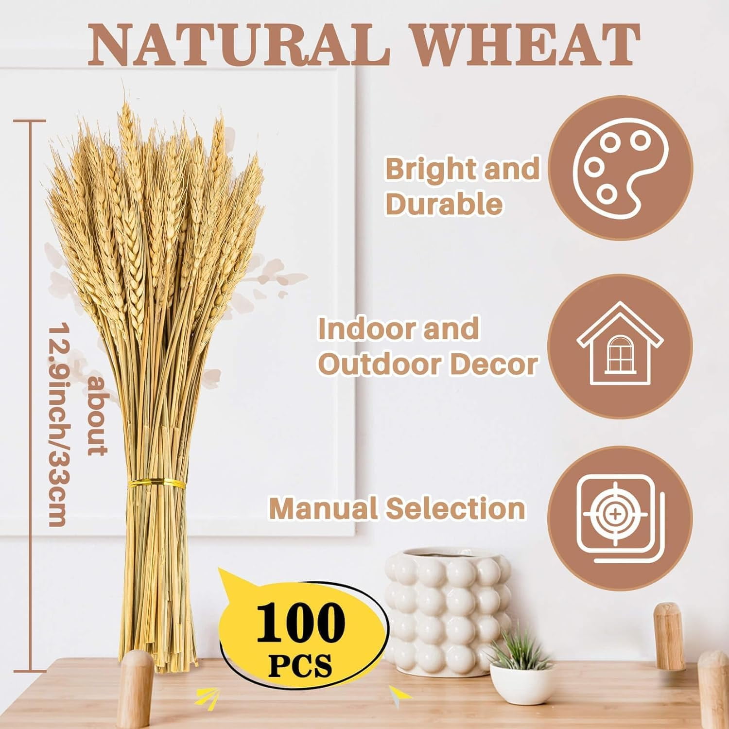 100 Stems Dried Wheat Stalks for Decor - Sheaves Grass Natural Bunch Flowers Home Wedding Table Kitchen Boho Farmhouse Fall Arrangement DIY Decoration 12.9 Inches