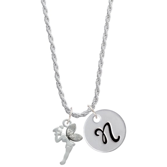 Delight Jewelry Silvertone Small Fairy with Clear Wings Silvertone Script Initial Disc - N - Charm Necklace, 20"+3"