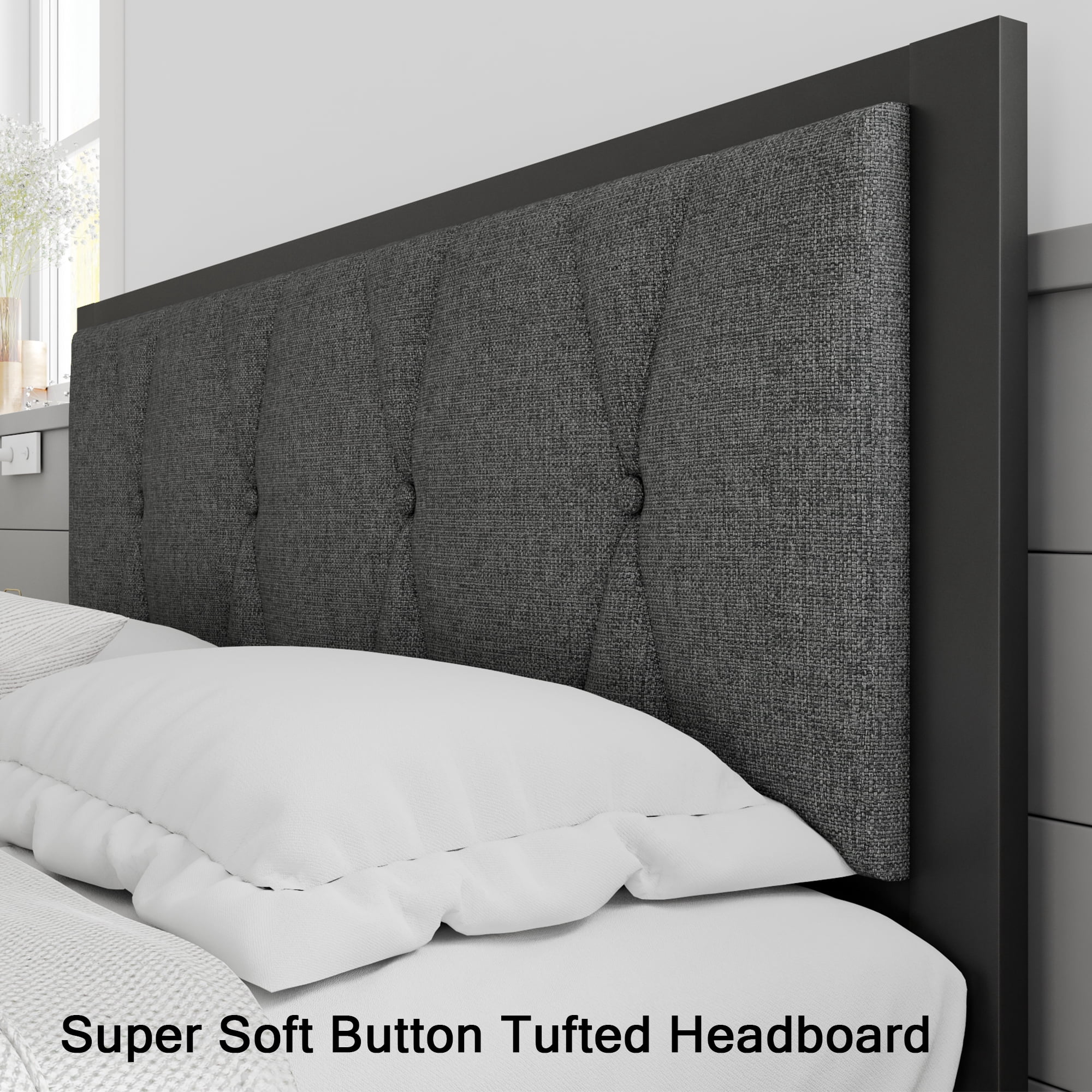 Einhomn Modern Metal Platform Bed Frame with Fabric Upholstered Headboard 12" Underbed Storage, Full Size