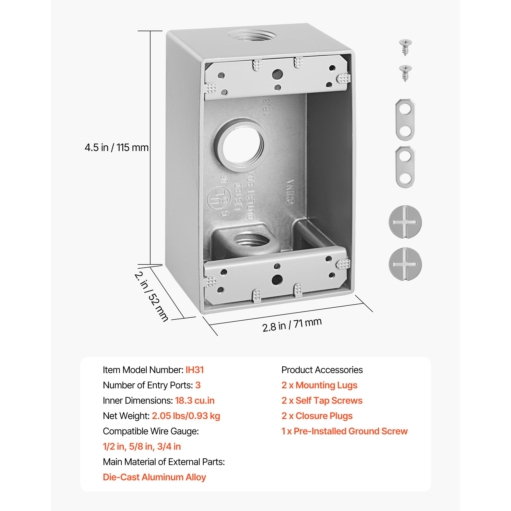 KFFKFF Outdoor Electrical Box, 4.5 x 2.8 x 2 in, Weather-Resistant Junction Box, Compatible with 1/2-Inch or 3/4-Inch Conduits, 18.3 Cu. In Capacity, Plug Protector, 4PCS, Gray