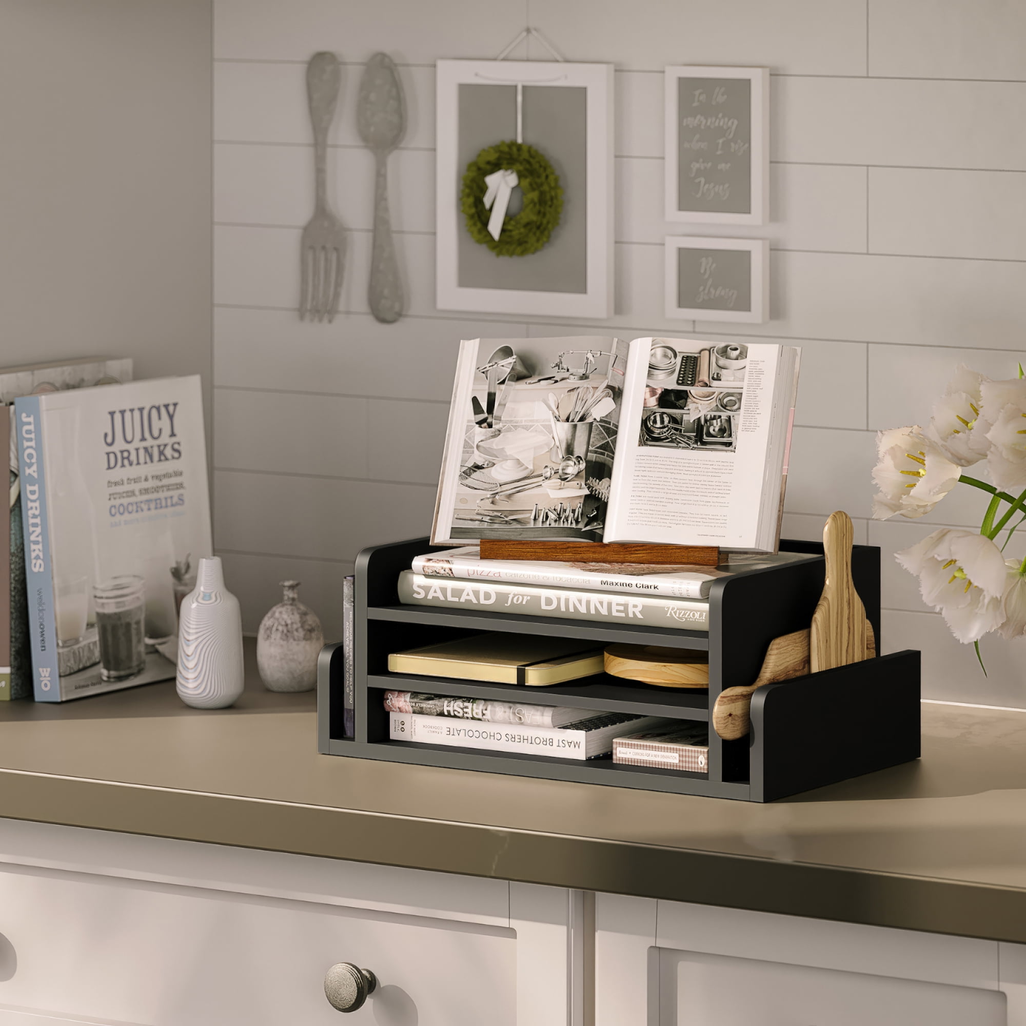 Ballucci 3-Tier Desk Organizer with 2 Side Mail Sorter Slots, Office Letter Tray, Black