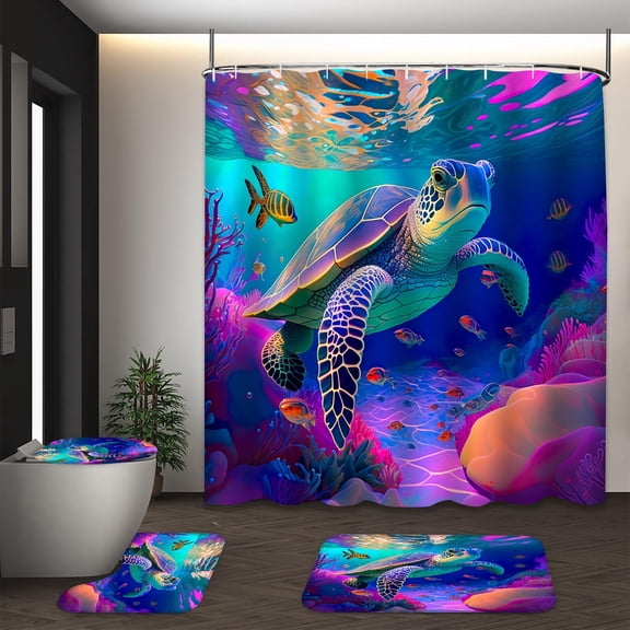LVRLVR 1/4 Pcs Vibrant Underwater Sea Turtle Fabric Shower Curtain Rug Set - Underwater World Bath Mat Bathroom Decoration,Brown, 70.8" × 70.8"