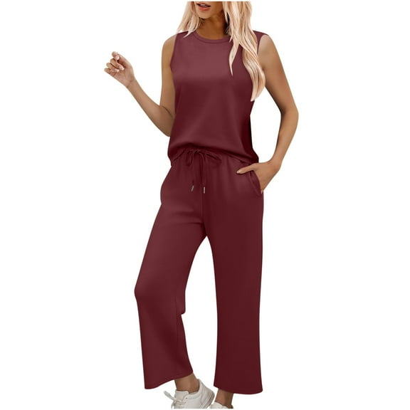 Simua Two Piece Sets for Women Summer Lounge Sets Round Neck Tops Wide Leg Crop Pants Vacation Travel Outfits