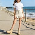 thumbnail image 6 of QIUOMBBP Girl's Distressed Jean Shorts High Waisted Frayed Hem Denim Shorts with Pockets Summer Outdoor Shorts Beige 13-14Years, 6 of 6