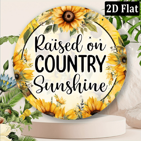 Wllo0ord 1pc Raised On Country Sunshine Metal Sign, Sunflower Wreath Sign, Sunflower Welcome Wreath Signs, 8x8 inch Wall Art Round Shaped Aluminum Sign, Garden Metal Sign for Home Party Decor 2D Flat