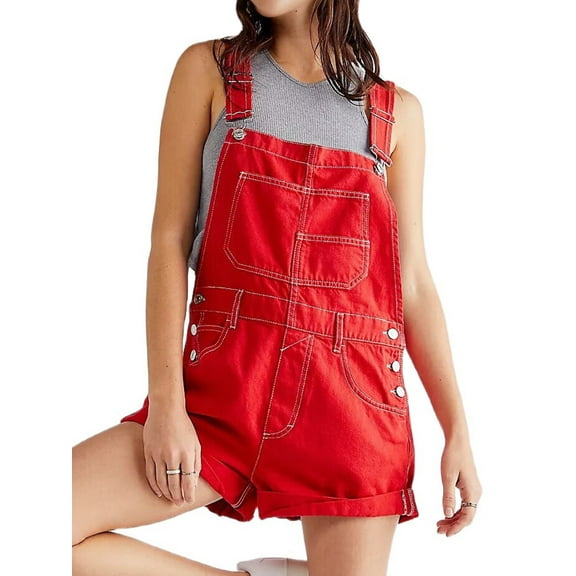Women Denim Shorts Overalls Summer Casual Loose Fit Adjustable Rompers Jean Jumpsuit Bib Shortalls Red L
